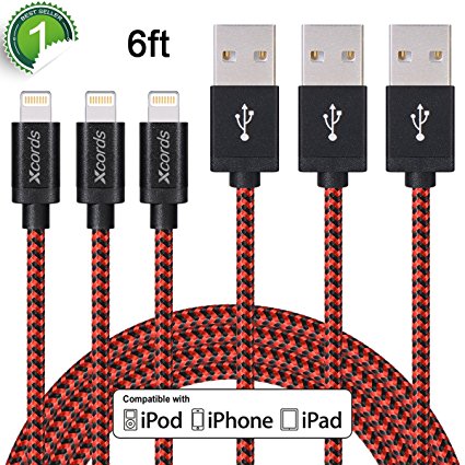 Xcords(TM) 3Pack 6Ft Nylon Braided 8 Pin Lightning to USB Cable Data Syncing Cord Compatible with iPhone 7/ 7 Plus/6/ 6 Plus/ 6s/ 6s Plus /5/5s/5c/SE/iPad/iPod/Beats Pill (Red&Black)