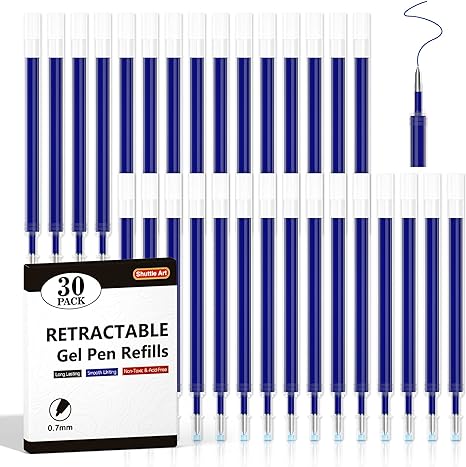 Retractable Gel Pen Refills, Shuttle Art 30 Pack Blue Rollerball Gel Ink Pens Refills, Bulk Set, 0.7mm Fine Point for Writing Journaling Taking Notes School Office Home