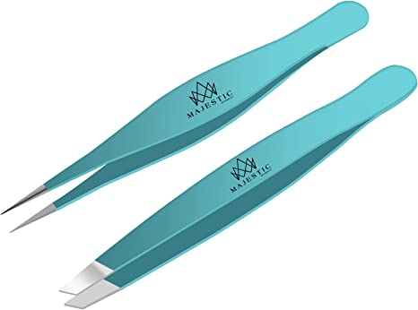 Stainless Steel Set Slant Tip   Surgical Tweezer for Ingrown Hair. Precision Sharp Needle Nose Pointed Tweezers for Splinters,Ticks & Glass Removal-Best for Eyebrow Hair, Facial Hair Removal (Teel Blue)