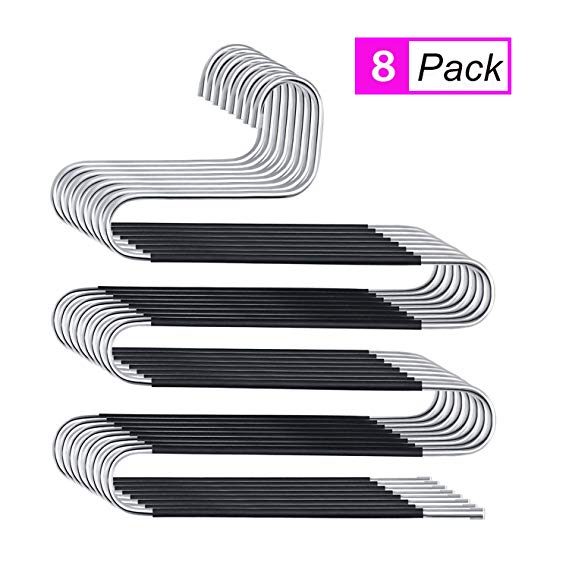 Peilinc 8 Pack Pants Hangers S-Shaped, Stainless Steel Pant Hangers 5 Layers Hangers Closet Space Saver for Jeans Scarf Tie Clothes