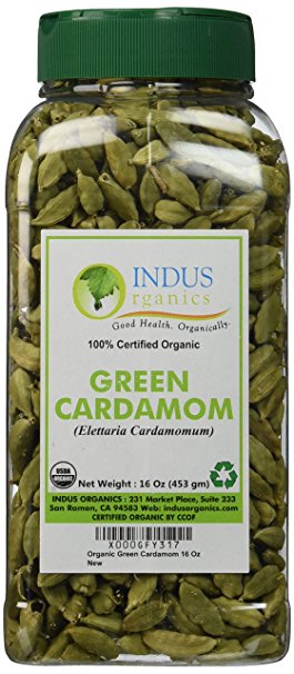 Indus Organics Green Cardamom (Pods), 16 Oz Jar, Super Jumbo Grade, Hand Picked, Freshly Packed