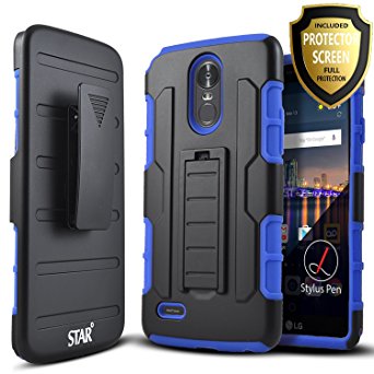 LG Stylo 3 Case, LG Stylo 3 Plus Case, Starshop [Holster Series] Dual Layers Kickstand Case With [Premium HD Screen Protector Included] and Locking Belt Clip (Blue)