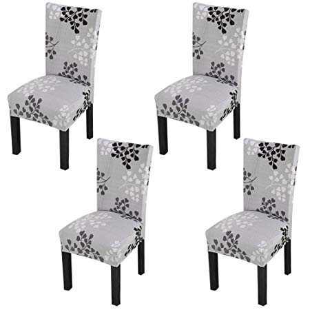 YISUN Stretch Dining Chair Covers Removable Washable Short Dining Chair Protect Cover for Hotel,Dining Room,Ceremony,Banquet Wedding Party (Grey/Leaf Pattern, 4 PCS)