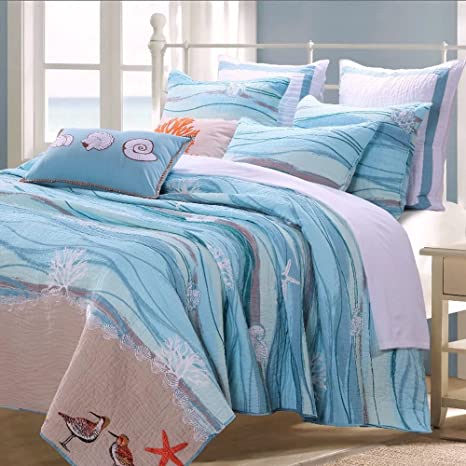 Finely Stitched Coastal Seaside Cottage Quilt Set with Shams Sea Shell Print Pattern Ocean Blue 100 Cotton Luxury Reversible 3 Piece Double Full Queen Size Bedding - Includes Bed Sheet Straps