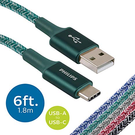 Philips 6 Ft. 2 Pack USB Type C Cable, USB-A to USB-C Emerald Durable Braided Fast Charging Cable, Compatible with iPad Pro, MacBook Pro, Samsung Galaxy S10 S9 Note 9 8 S8 Plus, DLC5226EA/37
