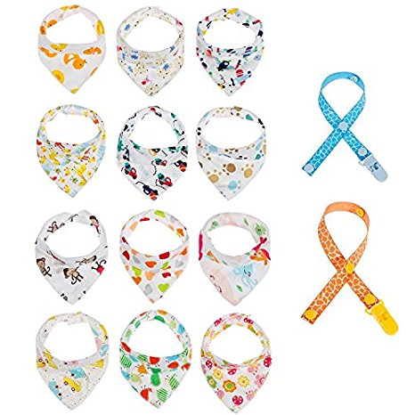 Lictin 12pcs Baby Bandana Drool Bib Bandana Dribble Bibs Bandana Super Absorbent Organic Cotton Unisex with Snaps Cute Bandana and 2pcs Pacifier Chains Perfect for Babies and Toddler (0 -36 months)