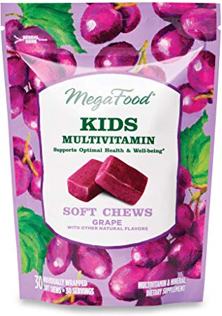 MegaFood, Kids Multivitamin Soft Chews, Daily Supplement, Supports Child Development and Growth, Gluten-Free, Vegetarian, Grape, 30 Chews (30 Servings)