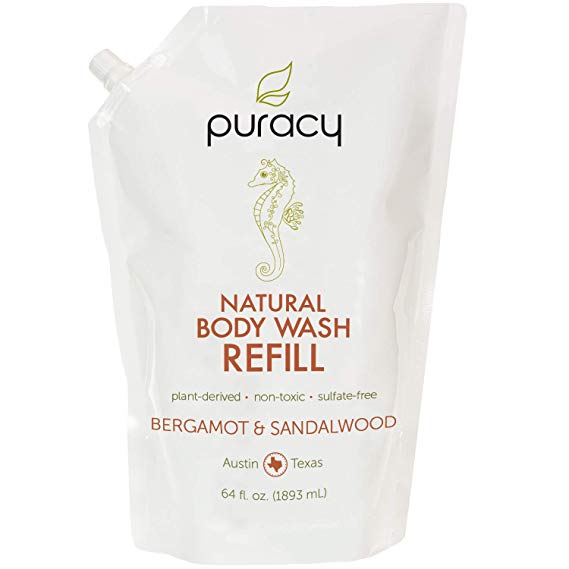 Puracy Body Wash Refill, Bergamot & Sandalwood, Natural Shower Gel for Men and Women, 64 Ounce