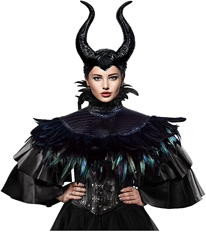 L'VOW Gothic Black Feather Cape Shawl with Maleficent Horns for Halloween Crow Costume