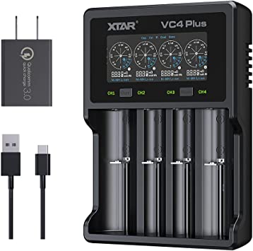 Universal Smart 4 Bay Battery Charger XTAR VC4 Plus Type C LCD 18650 Battery Charger for 3.7V 3.6V Li-ion Rechargeable Battery 16340 14500 18650 21700 26650 and Ni-MH Ni-CD AA AAA with 18W Adapter