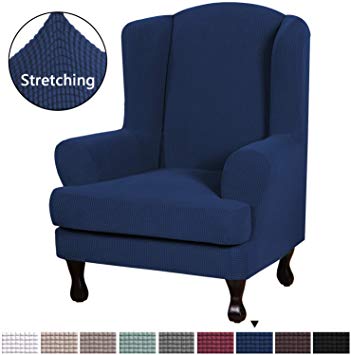 H.VERSAILTEX High Stretch Modern Spandex Sofa Cover/Wing Chair Slipcover 2 Piece Wing Back Arm Chair Furniture Cover Slipcover, Machine Washable Lycra Jacquard Fabric Stay in Place, Navy