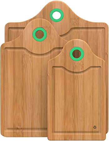 Vremi 3 Piece Bamboo Cutting Board Set - Small and Large Organic Wood Chopping Boards for Meat - Heavy Duty Wooden Board Tools with Silicone Storage Handle for Commercial and Kitchen Sink Use - Green