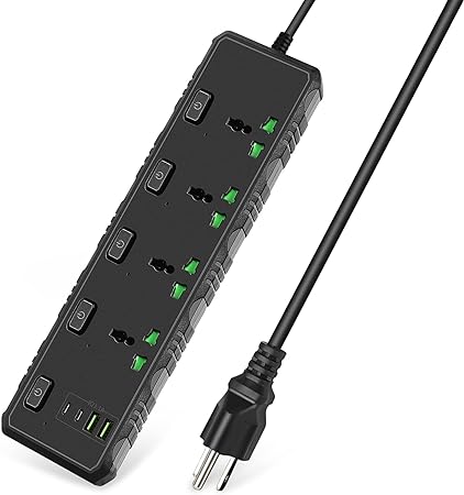 MAOZUA Universal Power Strip with 4 Oulets, 2 USB and 2 USB C Ports, 6.5ft Extension Cord 3000W Universal Extension Socket Surge Protector 110V-265V Extension Lead for Home Office Dorm Room (Black)