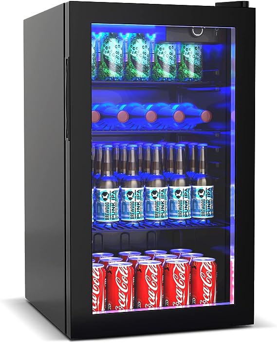 COSTWAY 120 Can Mini Beverage Fridge, Freestanding Beverage Refrigerator Cooler with Glass door, Removable Shelf for Soda Beer Wine, Small Drink Fridge for Home Bar Living Room Bedroom, 3.2 cu.ft