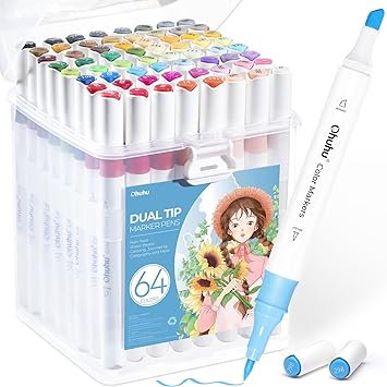 Ohuhu 64 Couleur Marqueurs, Feutre a Eau à Double Pointe pour Adultes Artiste, Marqueurs Permanents pour Coloriage, Calligraphie, Dessin, Croquis, avec 1 mixeur incolore et étui