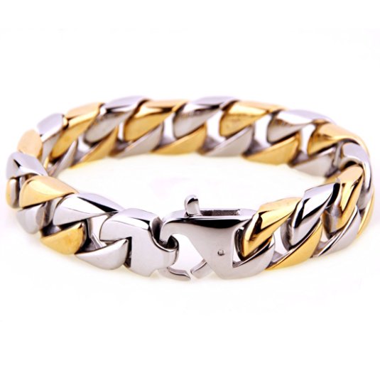15mm Wide Stainless steel Heavy Curb Chain Bracelet For Men, Silver Gold Two-tone
