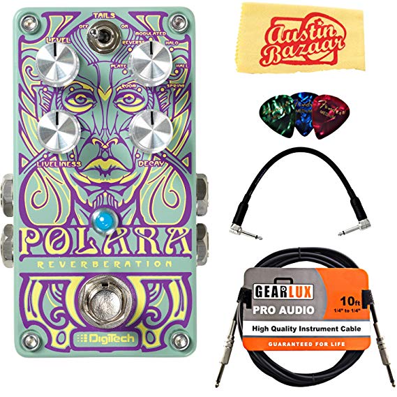 DigiTech Polara Reverb Pedal Bundle with Instrument Cable, Patch Cable, Picks, and Austin Bazaar Polishing Cloth