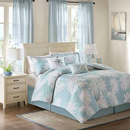 Harbor House Palm Grove Cal King Size Bed Comforter Set - Aqua , Tropical Palm Tree Leaf Floral – 5 Pieces Bedding Sets – Cotton Sateen Bedroom Comforters