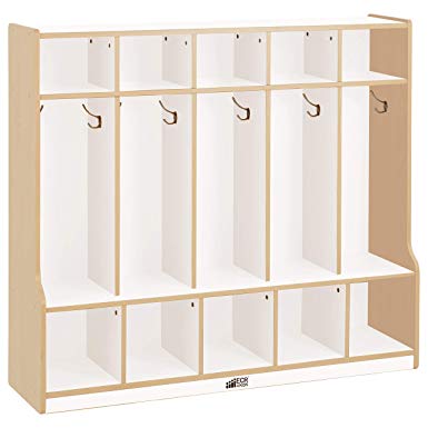 ECR4Kids Colorful Essentials 5-Section Coat Locker with Cubbies and Bench, White and Maple