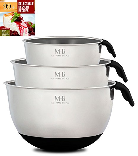 Stainless Steel Mixing Bowls for Kitchen, Cooking and Baking. 1QT, 2.5QT, 4.5QT, Black Handle & Spout, Free Ebook