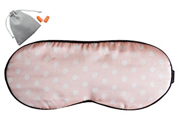 MSSilk Breathable Pure Mulberry Silk Sleep Eye Mask with Bonus Ear Plugs and a Carry Pouch (Light Pink With White Dots)
