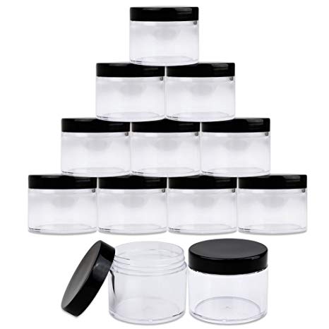 Beauticom 2 oz./ 60 Grams/ 60 ML (Quantity: 12 Packs) Thick Wall Round Clear Plastic LEAK-PROOF Jars Container with BLACK Lids for Cosmetic, Lip Balm, Lip Gloss, Creams, Lotions, Liquid