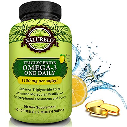 NATURELO Premium Fish Oil Supplement - 1100mg Triglyceride Omega-3 Per Capsule - One A Day - Best For Heart, Eye, Brain & Joint Health - No Burps - Natural Lemon Flavor - 60 Softgels | 2 Month Supply