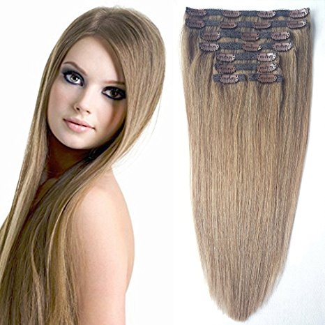 Double Weft Clip in Human Hair Extensions Thick, Re4U Hair Extensions Clip on American Human Hair Ash Brown (#8 18" 8pcs 100g/3.5oz)