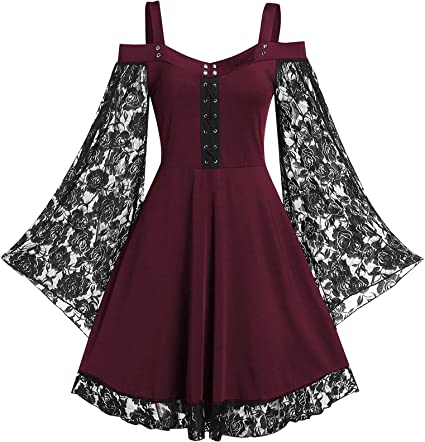 Panegy Women’s Gothic Steampunk Dress Lace Off Shoulder Renaissance Dress Party Cosplay