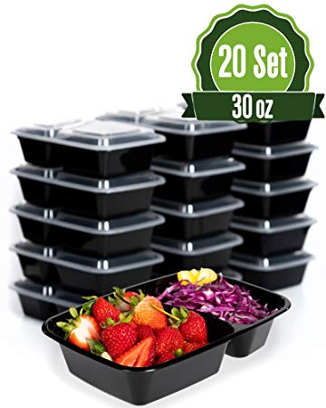 Meal Prep Food Storage Containers with Lids, 2 Compartment 28 oz (20 Set) - BPA Free, Lunch Portion Control, Dishwasher, Freezer Safe, Microwavable, Reusable or Disposable Plastic Bento boxes