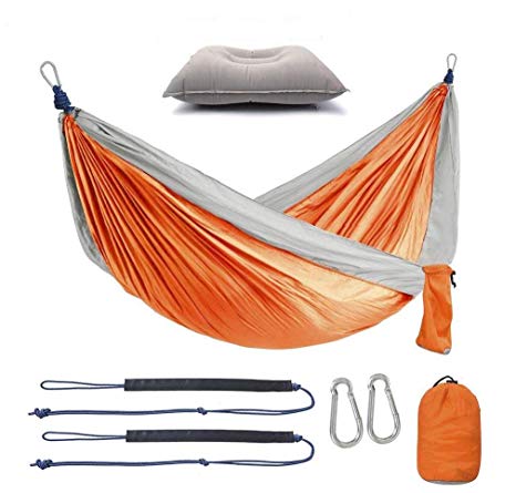 Single Camping Hammock, tree friendly straps, Lightweight Parachute Portable Nylon Hammocks with pillow for Camping, Hiking, Travel, Beach, Yard(Grey/Orange, Single)