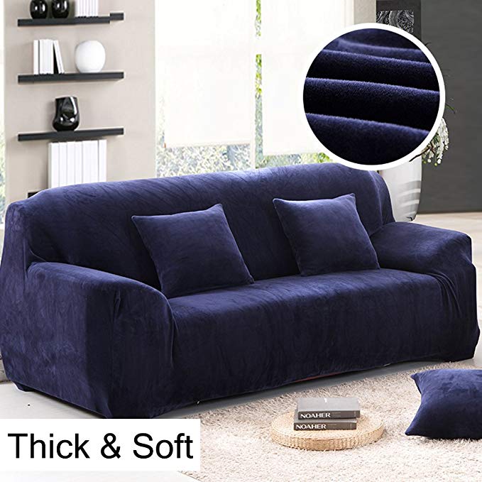 Thick Sofa Covers 1/2/3/4 Seater Pure Color Sofa Protector Velvet Easy Fit Elastic Fabric Stretch Couch Slipcover size 4 Seater:235-300cm (Blue)