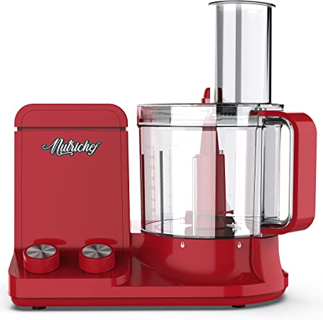 NutriChef NCFPRED Multifunction Food Processor-Ultra Quiet Powerful Motor, Includes 6 Attachment Blades, Up to 2L Capacity (Red), One Size