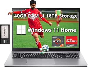 acer Aspire 3 15.6" FHD Laptop, AMD Ryzen 7 5700U, 40GB RAM, 1.16TB Storage(1TB SSD 160GB Docking Station Set), AMD Radeon Graphics, Numpad, Webcam, Wi-Fi 6, Win 11 Home, Silver