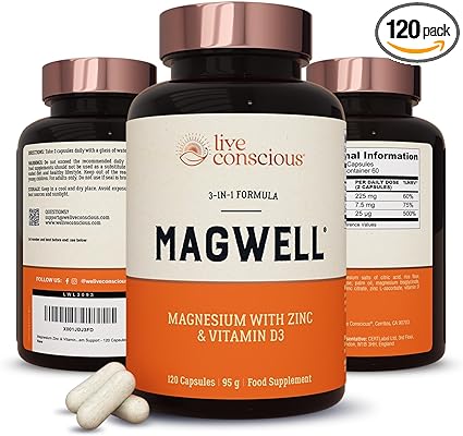 Magnesium Zinc & Vitamin D3-3 Bioavailable Forms of Magnesium - Malate, Glycinate, Citrate - MagWell by Live Conscious | Bone & Heart Health, Immune System Support - 120 Capsules