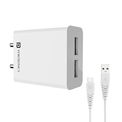 Portronics Adapto 32 C 2.4A Adapter with Dual Output, 12W Max Output, Smart Protection Chip, 1M Type C Charging Cable(White)