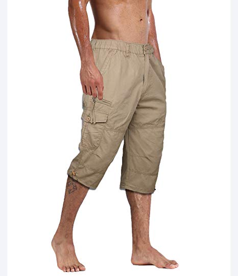 Kolongvangie Men's 3/4 Capri Shorts Below Knee Cotton Belted Stretchy Cargo Long Shorts with Multi Pockets