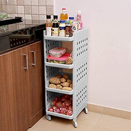 Kurtzy Vertical Rack 4 Layer Storage Organizer With Wheels For Kitchen - Grey