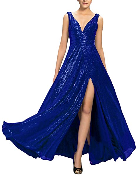 OYISHA Womens Sequined Plunging V Neck Sexy Evening Dress Split Formal Gown SQ43