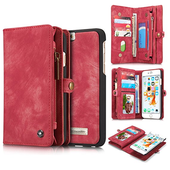 iPhone 6S Case,iPhone 6S Wallet Case,AKHVRS Premium Genuine Cowhide Flip Leather Wallet Case - 14 Card Slot Series [Zipper Cash Storage] Detachable Magnetic Hard Case for iPhone 6/6S 4.7" (Red)