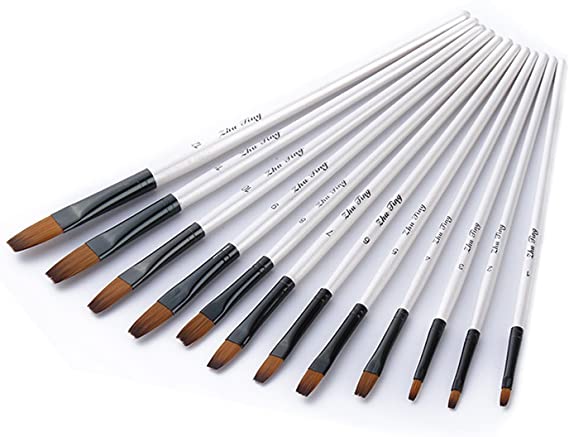 Art Paint Brushes Set, Wartoon 12pcs Assorted Sizes Nylon Artists Specialist Crafts Flat Paint Brushes for Art Acrylic Oil Painting Modeling, White