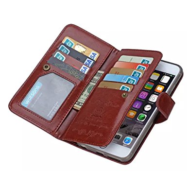 IPhone 6 Plus/6S Plus (5.5 inch) Brown Wallet Case, Gravydeals® 2 in 1 Premium PU Leather Strap Folio Flip Magnetic Detachable Slim Back Cover Case And Card Holder