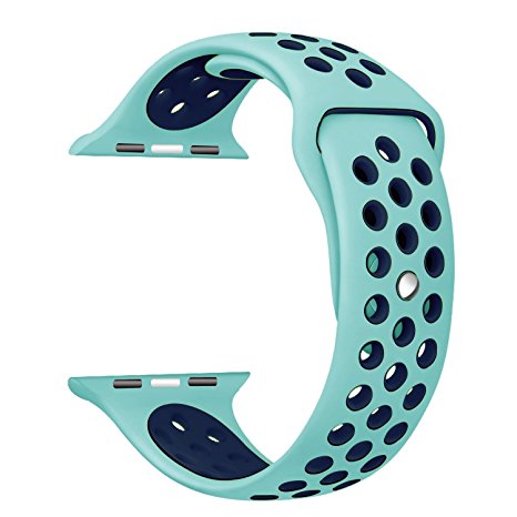 Yearscase 38MM Soft Silicone Sport Replacement Band with Ventilation Holes for Apple Watch Nike  and Apple Watch Series 1 2, M/L Size ( Turquoise / Midnightblue )