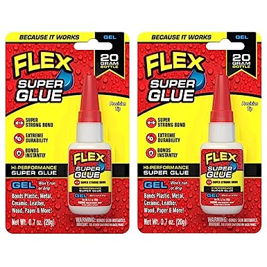 Flex Super Glue Gel, 20 Gram Bottle, 2-Pack, Clear, Instant Bond, Quick Dry, Cyanoacrylate Adhesive, Precision Tip for Wood, Metal, Plastic, Crafts, Ceramic, and Toy Repairs