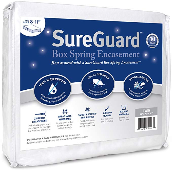 Twin Size SureGuard Box Spring Encasement - 100% Waterproof, Bed Bug Proof, Hypoallergenic - Premium Zippered Six-Sided Cover - 10 Year Warranty