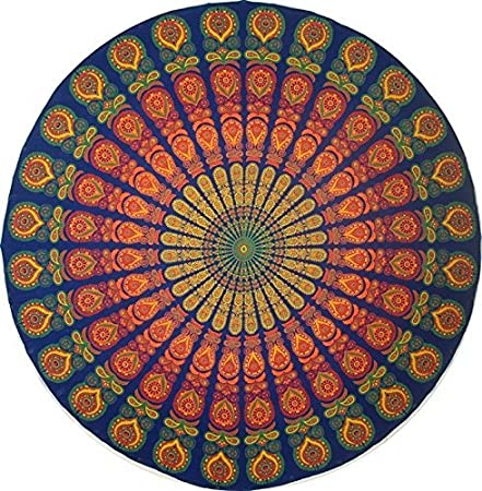 Handmade Sanganeer Peacock Mandala 72" Round 100% Cotton Tablecloth Gorgeous