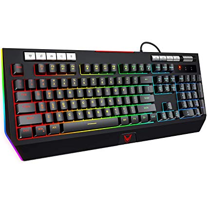 [2019 New Version] PICTEK RGB Gaming Keyboard with Phone Holder, Customizable RGB Backlit Wired Keyboard, 9 Independent Multimedia Keys & Volume Wheel, Waterproof Computer Keyboard for Mac/PC Gamers