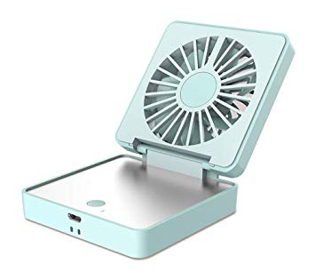 Portable Mini Fan 2 in 1 Mini Handheld Fan Fold Vanity Makeup Mirror Pocket Fan USB Rechargeable Personal Fan with 2 Setting 170° Rotating Free Adjustment for Office/Camping/Travel (Blue)
