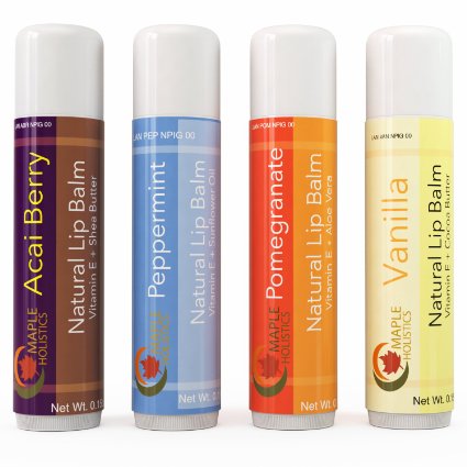 All-natural Therapeutic Lip Balm for Dry and Chapped Lips - Four Flavor Multi-pack for Men Women and Teens - Moisturizing Beeswax Treatment with Aloe Vera Shea Butter and Vitamin E - USA Made By Maple Holistics