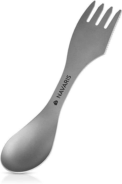 Navaris Titanium Spork Camping Utensil - 3-in-1 Fork, Spoon, Knife Cutlery Combo - Lightweight Metal Silverware for Backpacking, Hiking, Outdoors